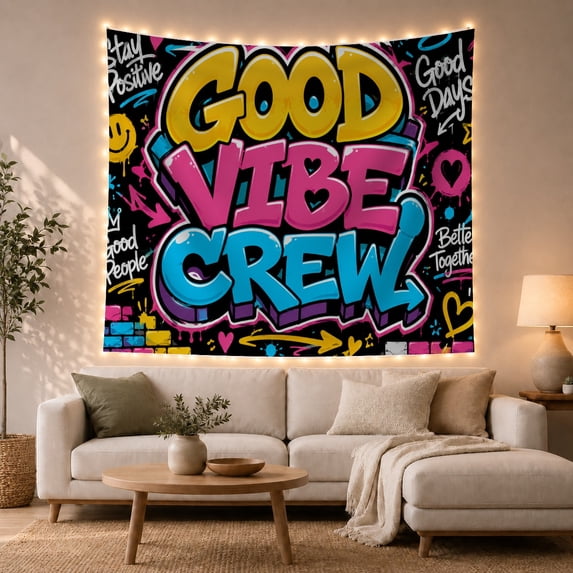 "Good Vibe Crew" Graffiti Text with Black Background and Urban Accents, Energetic Psychedelic for Music Lovers, Urban Wall Art Decor Birthday Gift Tapestry Wall Hanging for Bedroom and Dorm