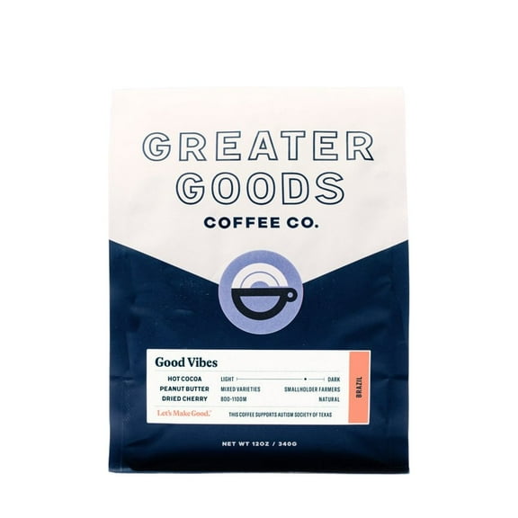 Good Vibes - Brazil - Roasted by Greater Goods Coffee Co. - Whole Bean Coffee - 10 Ounce Bag