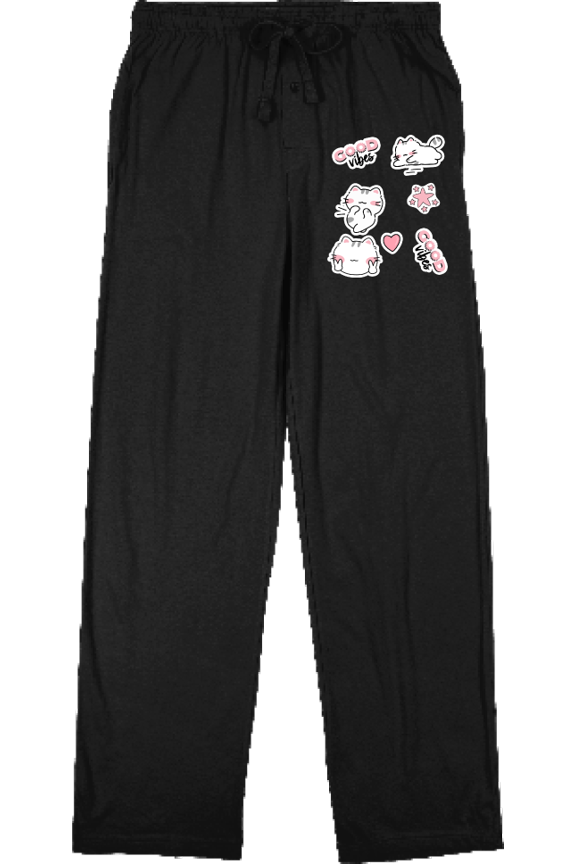 Good Vibes Cat Stickers Men's Black Sleep Pajama Pants-XL