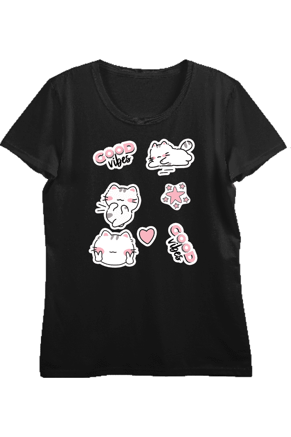 Good Vibes Cat Stickers Women's Black Crew Neck Short Sleeve Top-XXL
