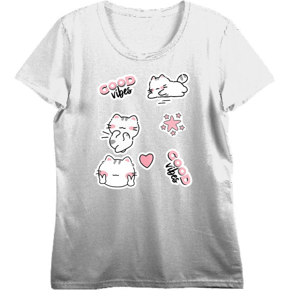 Good Vibes Cat Stickers Women's Vivid White Crew Neck Short Sleeve Top-Medium