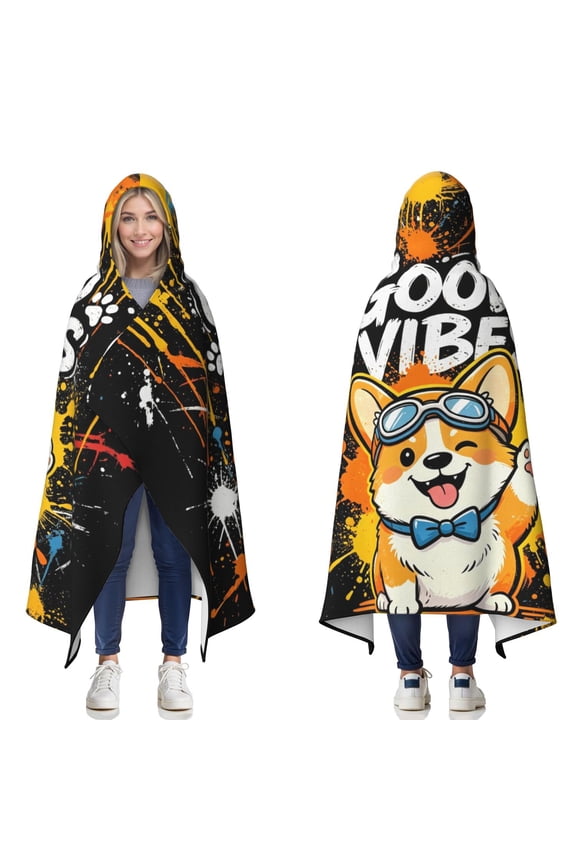 Good Vibes Corgi Wearable Blanket Hoodies for Women Men Adults Corgi Lovers Soft Warm Cute Cartoon Corgis Hooded Blankets for Couch Bed Decor 50x60 Inch