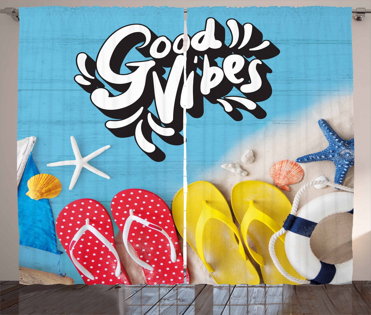 Good Vibes Curtains 2 Panels Set, Flip Flops and Ocean Marine Shells on