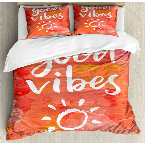 Good Vibes Duvet Cover Set King Size, Artistic Brushstrokes Positive Life Message Hand Drawn Sun Figure Print, Decorative 3 Piece Bedding Set with 2 Pillow Shams, Dark Coral White, by Ambesonne