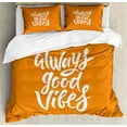 thumbnail image 1 of Good Vibes Duvet Cover Set King Size, Hand Lettering Always Good Vibes Positive Motivational Phrase Orange Backdrop, Decorative 3 Piece Bedding Set with 2 Pillow Shams, Orange White, by Ambesonne, 1 of 3