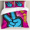 thumbnail image 1 of Good Vibes Duvet Cover Set King Size, No Bad Vibes Theme Vintage Style Vibrant Colors with Peace Hand Sign, Decorative 3 Piece Bedding Set with 2 Pillow Shams, Magenta Yellow Blue, by Ambesonne, 1 of 3