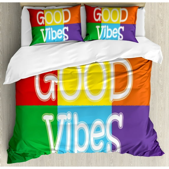 Good Vibes Duvet Cover Set King Size, Squares in Lively Colors Positivity Entertainment Energy Happiness Open Mind, Decorative 3 Piece Bedding Set with 2 Pillow Shams, Multicolor, by Ambesonne