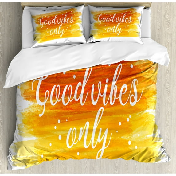 Good Vibes Duvet Cover Set King Size, Watercolor Art Modern Calligraphy Message Hand Writing Letters and Dots, Decorative 3 Piece Bedding Set with 2 Pillow Shams, Orange Yellow White, by Ambesonne