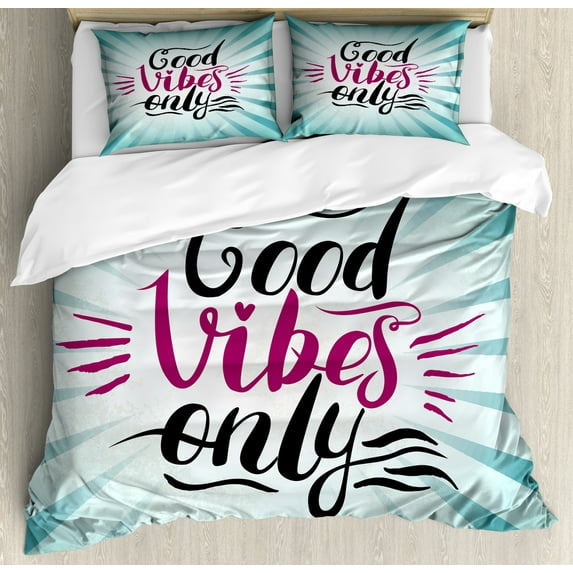 Good Vibes Duvet Cover Set Queen Size, Retro Radial Composition Abstract Sunburst Hand Lettering Typography, Decorative 3 Piece Bedding Set with 2 Pillow Shams, Teal Black Magenta, by Ambesonne