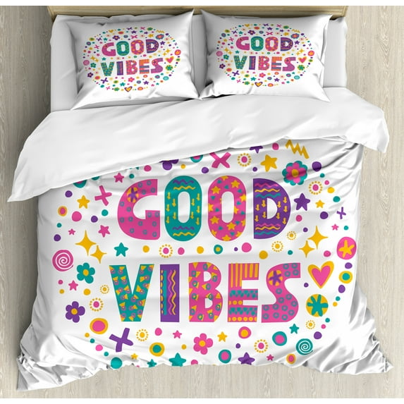Good Vibes Duvet Cover Set Queen Size, Word Art Theme Cute Doodle Cartoon Figures Positive Hippie Inspiring Cheerful, Decorative 3 Piece Bedding Set with 2 Pillow Shams, Multicolor, by Ambesonne
