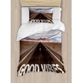 thumbnail image 1 of Good Vibes Duvet Cover Set Twin Size, Inspirational Phrase on Highway On The Road Theme Travel Enthusiasm, Decorative 2 Piece Bedding Set with 1 Pillow Sham, Brown Dark Blue White, by Ambesonne, 1 of 3