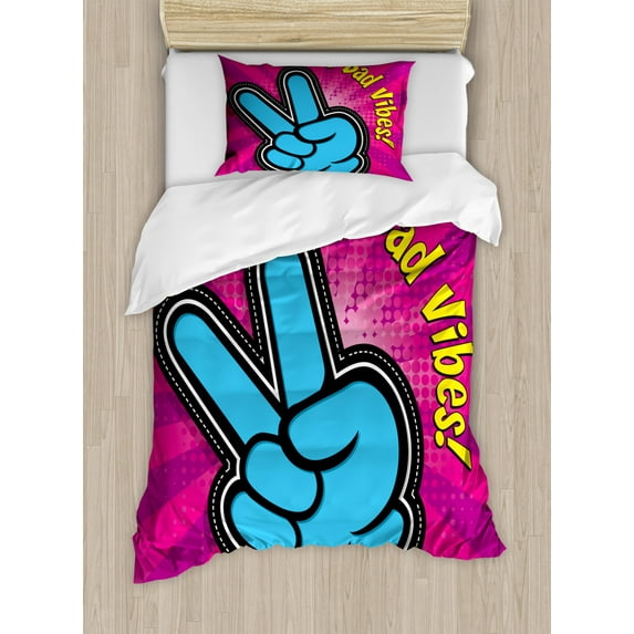 Good Vibes Duvet Cover Set Twin Size, No Bad Vibes Theme Vintage Style Vibrant Colors with Peace Hand Sign, Decorative 2 Piece Bedding Set with 1 Pillow Sham, Magenta Yellow Blue, by Ambesonne