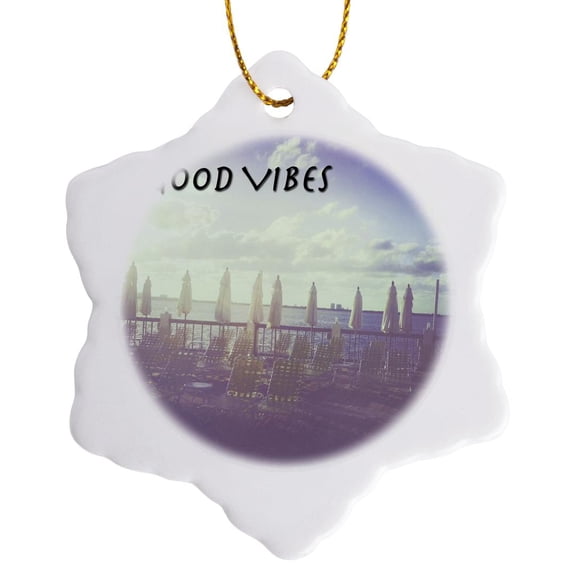 3drose, Good Vibes Expression, Sea Side Deck, Ocean View, Blue, White, Purple, 3 inch Snowflake Porcelain Ornament