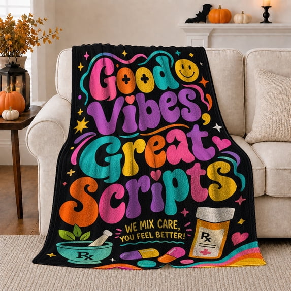 Good Vibes Great Scripts Pharmacy Quote, Festive Holiday Scene, Warm Flannel Blanket for Living Room and Reading Nook, Art Lovers Christmas Gift, Festive Home Decor