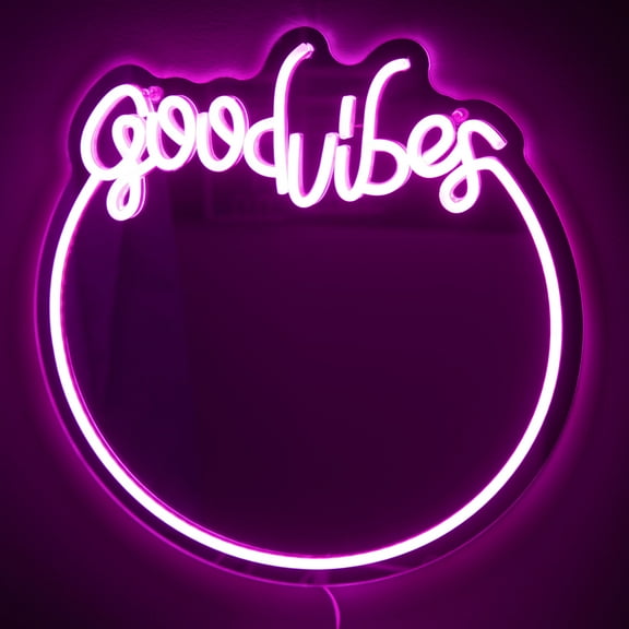 Good Vibes LED Neon Pink Rimmed Wall Mirror  USB Powered, 11.81" x 11.81"  Easy to Hang, Fully Assembled