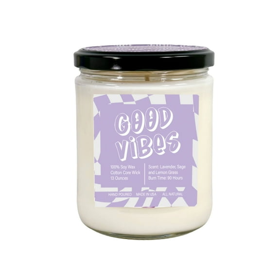 Good Vibes Lavender, Sage and Lemon Grass Soy Wax Candle, Cotton Wick, 13 OZ, 90 Hour Burn Time, Made in USA