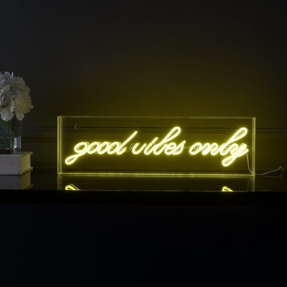 Good Vibes Only 20" X 6" Contemporary Glam Acrylic Box USB Operated LED Neon Light, Yellow