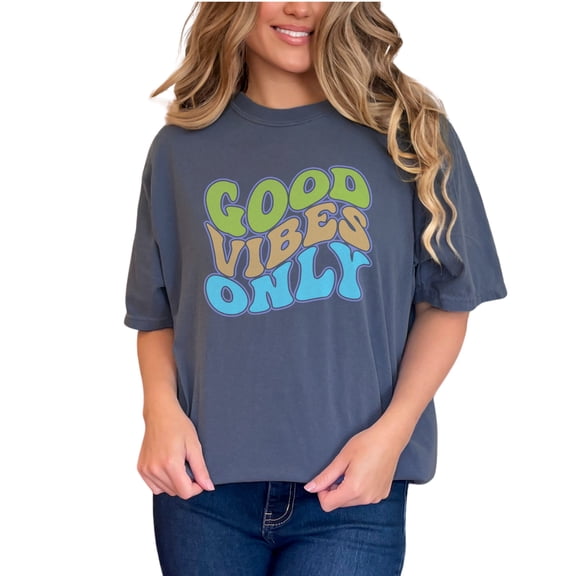 Good Vibes Only, Being Positive Quote or Saying, Groovy Retro Wavy Text, Denim Comfort Colors T-Shirt, Medium
