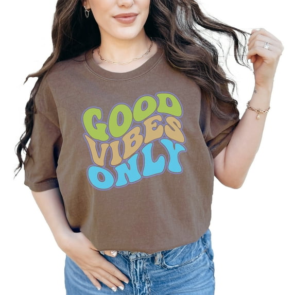 Good Vibes Only, Being Positive Quote or Saying, Groovy Retro Wavy Text, Espresso Comfort Colors T-Shirt, Large