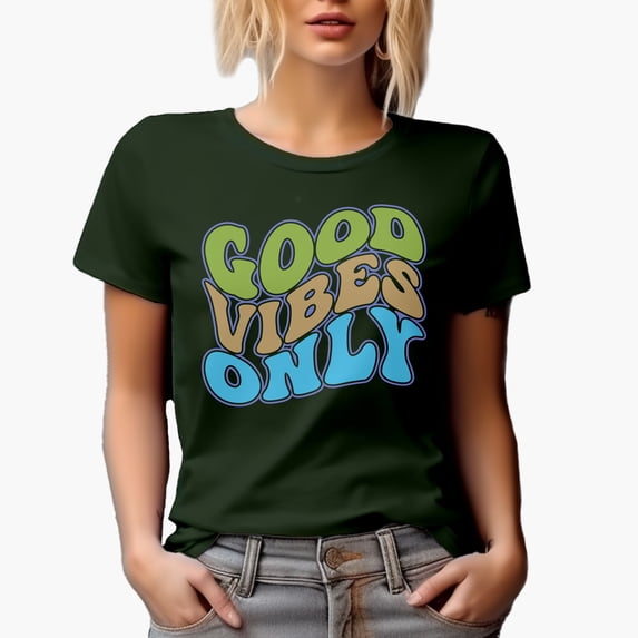 Good Vibes Only, Being Positive Quote or Saying, Groovy Retro Wavy Text Merch Gift, Military Green T-Shirt, Small