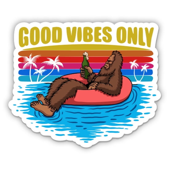 Good Vibes Only Bigfoot Chilling in the Pool - 3" Vinyl Sticker - For Car Laptop Water Bottle Phone - Waterproof Decal