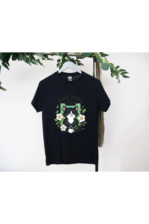 Good Vibes Only Cat Cool Art Drawing T-Shirt, for men & women, up to size 5XL