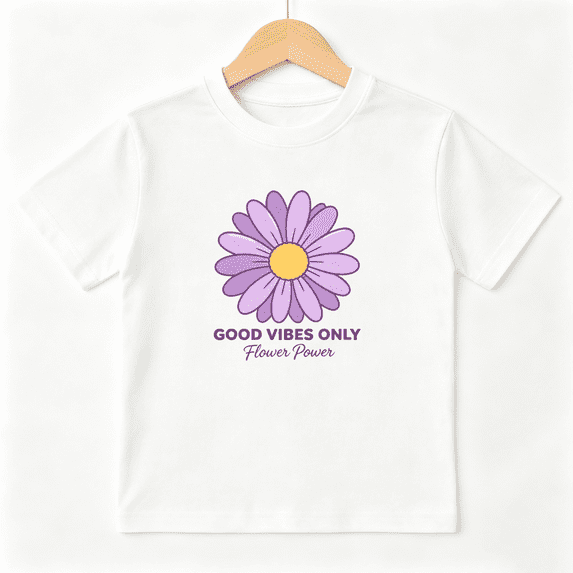 Good Vibes Only Daisy Girls Graphic Tee, Cute Retro Purple 100% Cotton Kids Short Sleeve T-Shirt 4-13Y