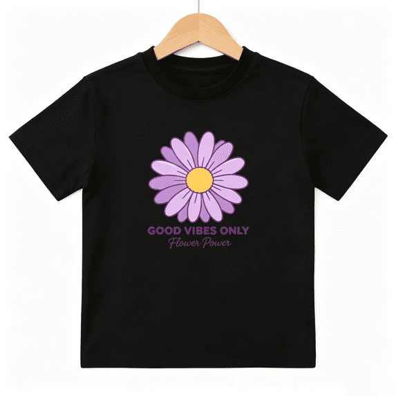 Good Vibes Only Daisy Girls Graphic Tee, Cute Retro Purple 100% Cotton Kids Short Sleeve T-Shirt 4-13Y