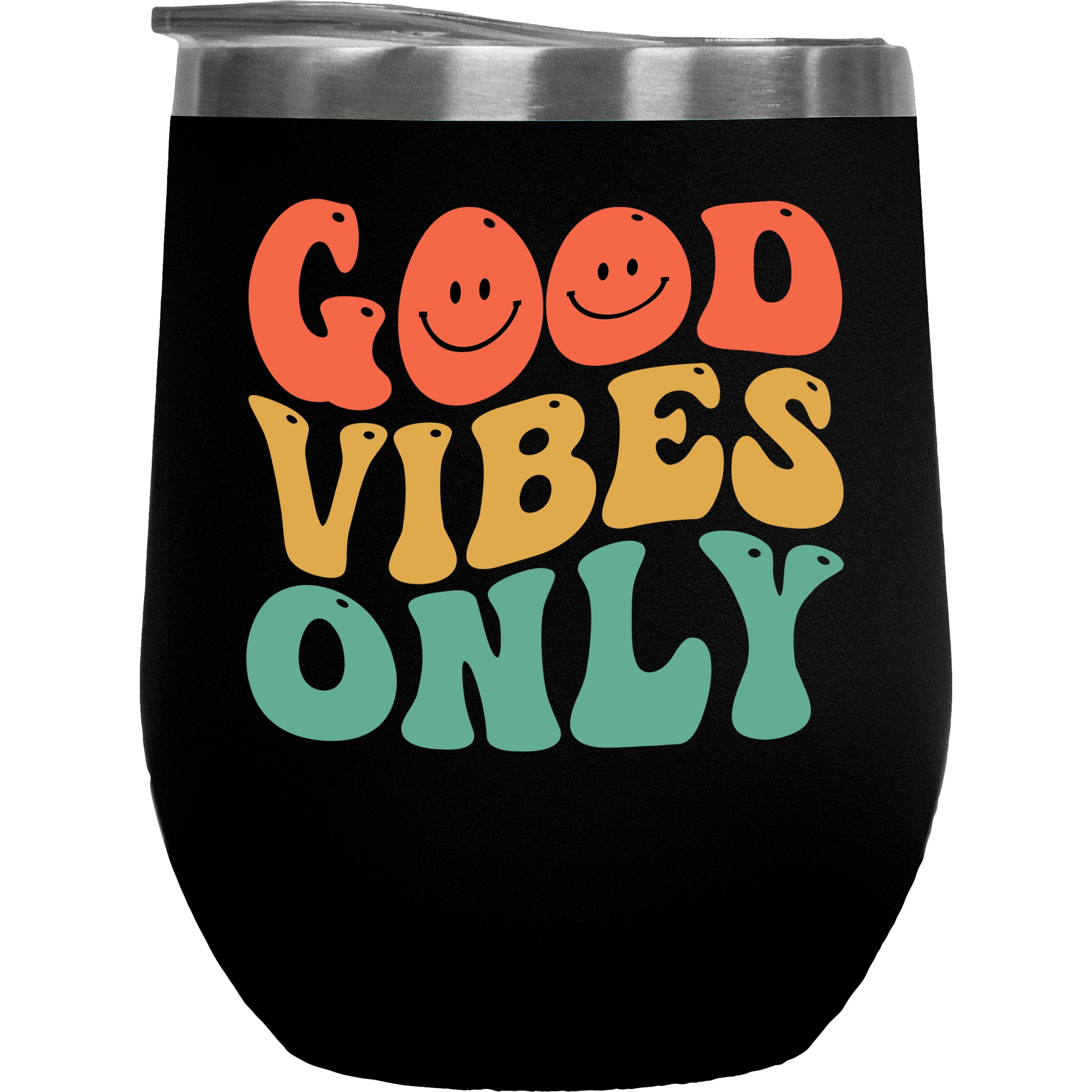 Good Vibes Only, Positivity Quote or Saying, Groovy Retro Wavy Text Merch Gift, Black 12oz Wine Tumbler Good Vibes Only, Positivity Quote or Saying, Groovy Retro Wavy Text Merch Gift, Black 12oz Wine Tumbler