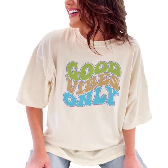 Good Vibes Only, Positivity or Being Positive Quote, Groovy Retro Wavy Text, Ivory Comfort Colors T-Shirt, Small