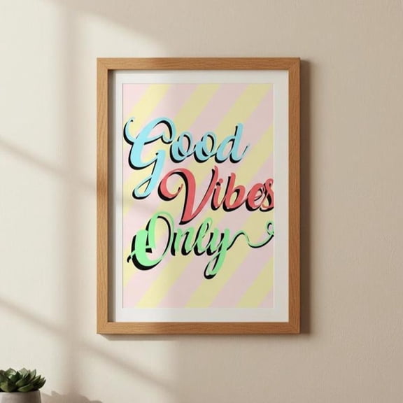 Good Vibes Only Wall Art Print | Colorful Positive Quote Poster | Retro Typography Home Decor, Stretched Canvas Size 8x12
