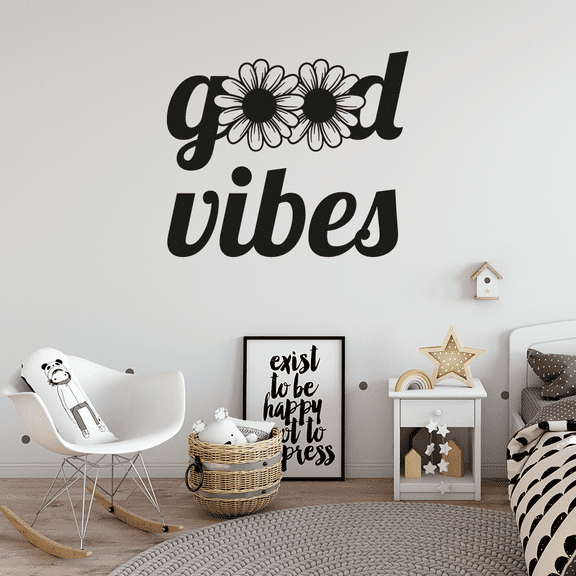 Good Vibes Quote Flower Garden Flowers Floral Spring Silhouette Vinyl Design Wall Sticker Wall Art Wall Decal Boy Girl Kid Room Bedroom Gardener Home Decor Stickers Decoration Size (22x30 inch)