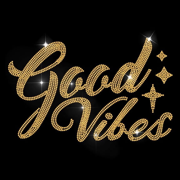 Good Vibes Rhinestone Iron on Decal Golden Shining Star Hotfix Transfer Sticker Vibe Text Heat Transfer Patch Bling Clothing Repair Applique