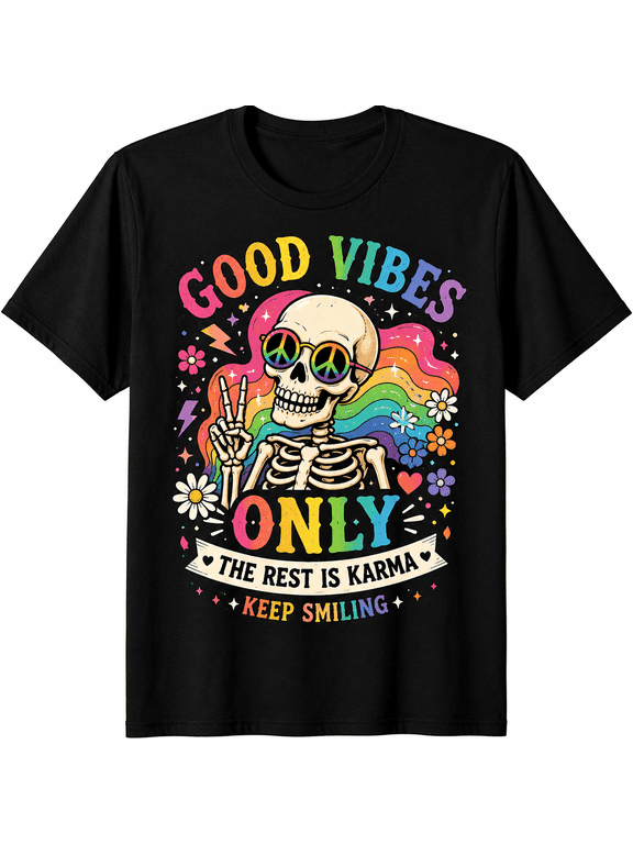 Good Vibes Only Skeleton Graphic T-Shirt for Men Women, Retro Vintage Rainbow Skull Peace Sign Funny Graphic Tee, Hippie Positive Vibes Casual Short Sleeve Gift Shirt