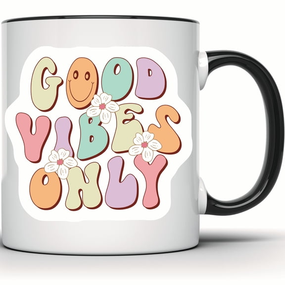 Good Vibes Only Smiley Face Flower Mug | Positive Cute Colorful Motivational Happy Mug - 11 Ounce Black Rim Handle Novelty Coffee Cup - WMUG0622-Black Rim