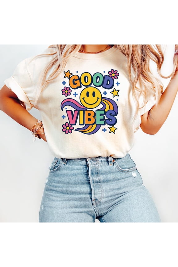 Good Vibes Smiley Face Graphic Tee, Retro Y2K Smile Design Comfort Colors Unisex Cotton T-Shirt, Size S-3XL