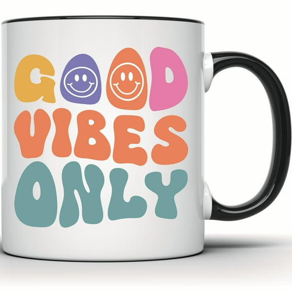 Good Vibes Only Smiley Face Mug - Positive Vibes Retro Trendy Happy Coffee Cup - Cute Gift for Her or Him - 11 Ounce Black Rim Handle Novelty Coffee Cup - WMUG1427-BLK