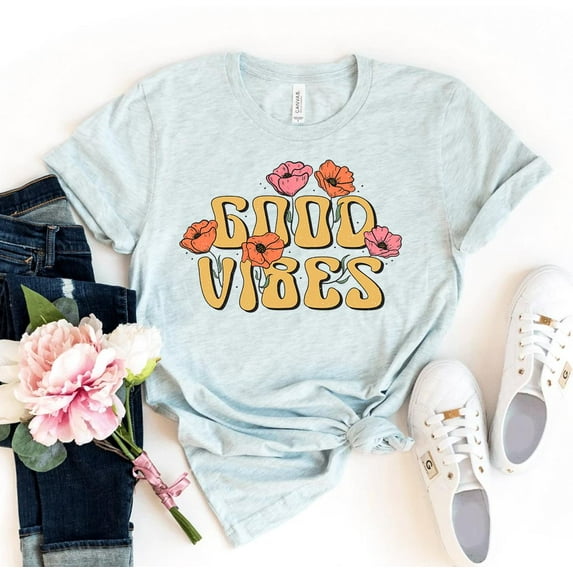 Good Vibes T-shirt Positive Happy Mind Tee Summer Gift Floral Tshirt Wildflower Top Retro Women's