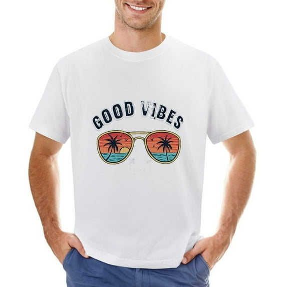 Good Vibes Vintage T-shirt Mens Cotton Classic Crewneck Short Sleeve Tees Unisex White 2XL