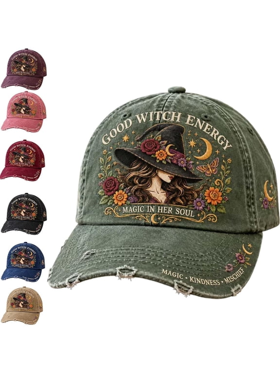 Good Witch Energy Floral Witch Baseball Cap, Floral Witch Ghost Halloween Baseball Cap, Adjustable Curved Brim Fit for Halloween, Autumn & Daily Casual Wear