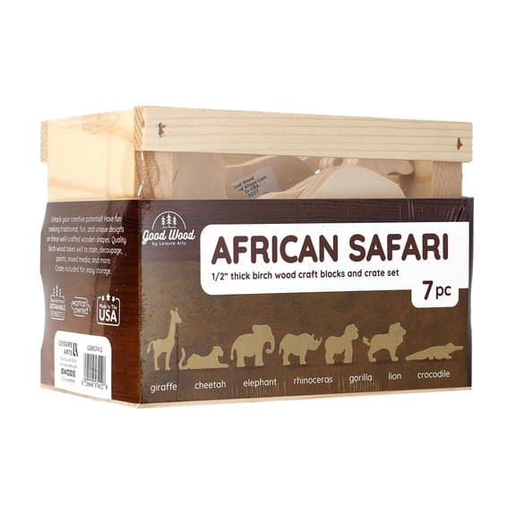 Good Wood By Leisure Arts: African Safari Crate Set - 7 Piece Animal Wood Cutouts - Small Wooden Shapes For Crafts Wooden Craft Shapes Animals To Paint
