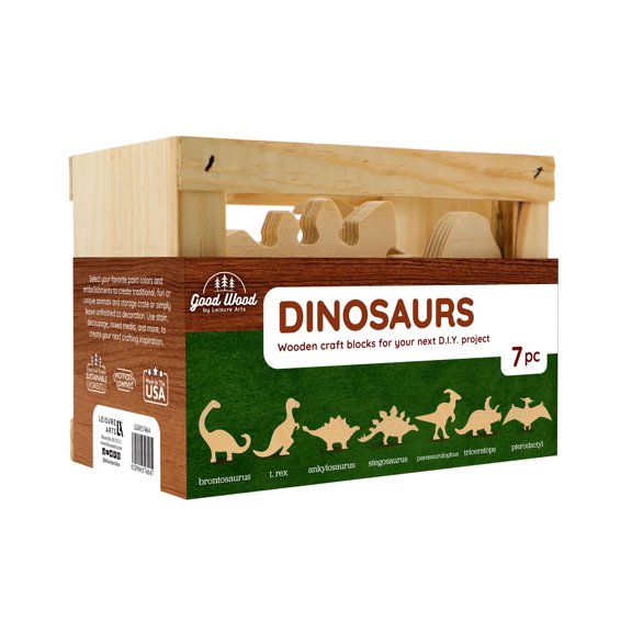 Good Wood By Leisure Arts: Dinosaurs Crate Set - 7 Piece Animal Wood Cutouts - Small Wooden Shapes For Crafts Wooden Craft Shapes Animals To Paint