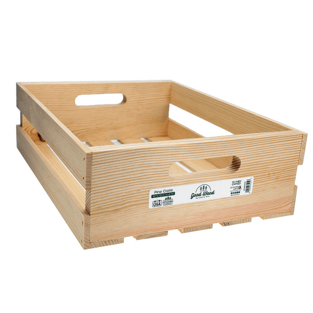 Leisure Arts 16"x12.5"x4.75" Good Wood Crate, Rustic Decorative Unfinished Pine with Handles
