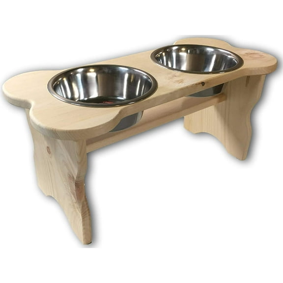 Good Wood Primitive Bone Shaped Pine Wood Dog Bowl Stand for Medium, Large Dogs Rustic Natural, Wooden Feeder Dish Holder Unfinished