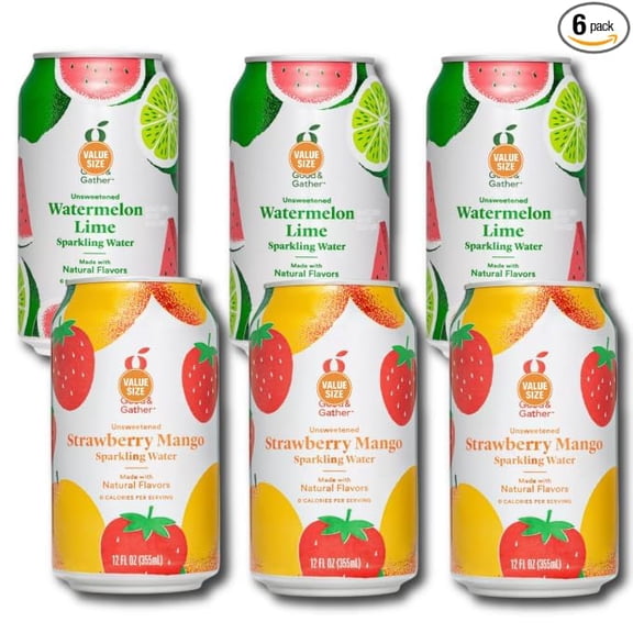 Good and Gather Unsweetened Sparkling Water Variety Pack, Strawberry Mango and Watermelon Lime, Natural Flavors, Zero Calories, 12 fl oz, 6 Cans