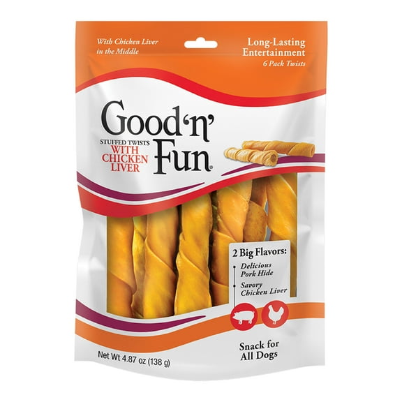 Good ’n’ Fun Stuffed Chicken Liver Twists, Rawhide Chews for All Dogs, 6 Count