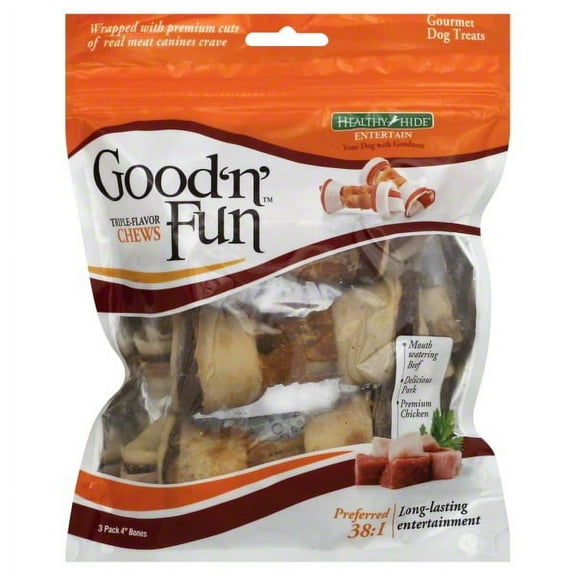 Good n Fun Triple Flavor Chew, 4 Inch Bones, Rawhide for All Dogs, 3 Count