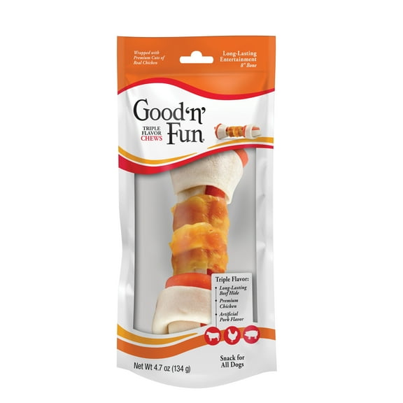 Good n Fun Triple Flavor Chew, 8 Inch Bone, Rawhide for All Dogs, 1 Count