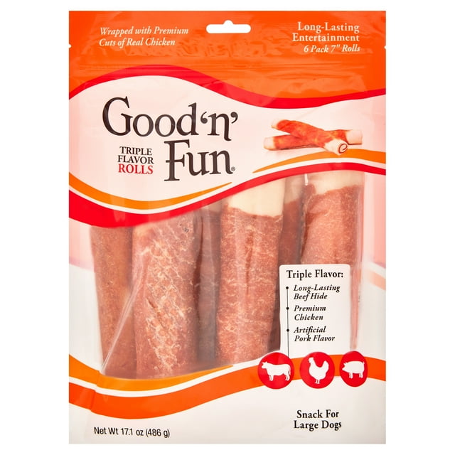Good ’n’ Fun Triple Flavor Chews, 7 Inch Rolls, Rawhide for Dogs, 6