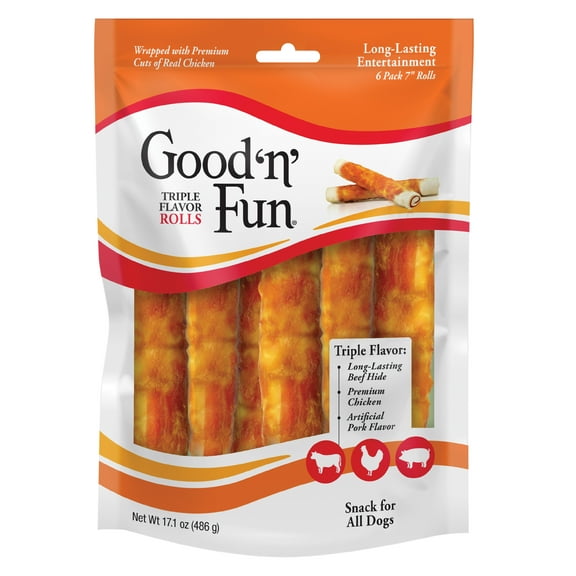 Good ’n’ Fun Triple Flavor Chews, 7 Inch Rolls, Rawhide for Dogs, 6 Count